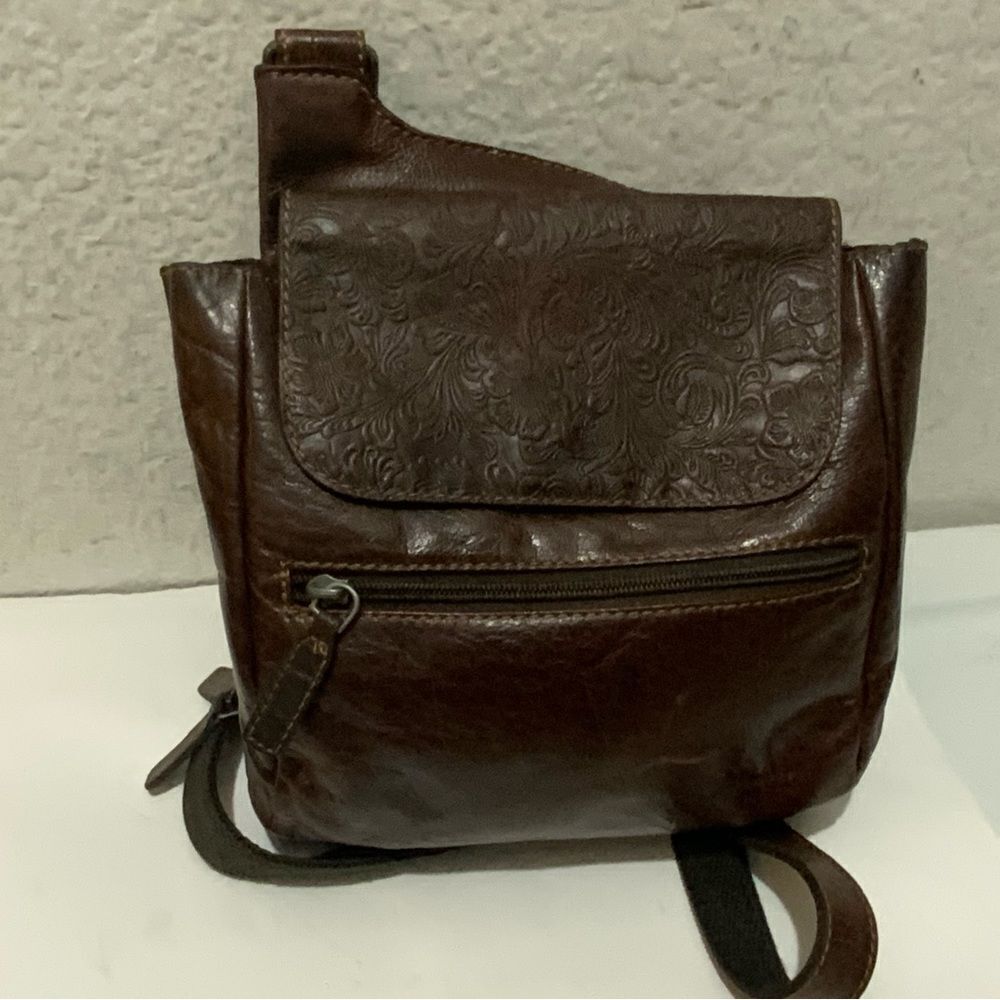 Jack Georges Voyager Leather Crossbody Brown Boho Cottage Embossed Floral - Picture 14 of 16